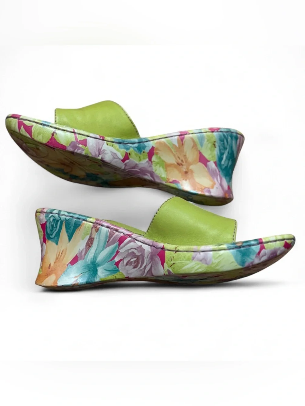 Sold Born Bright Lime Leather Slide Wedge Sandals - Size 7